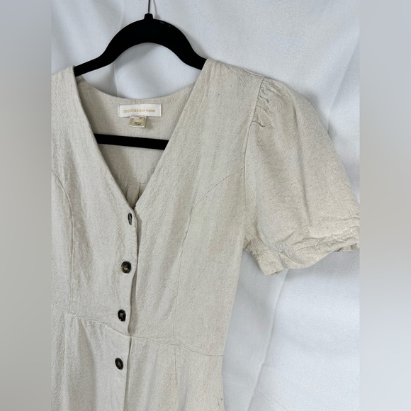 Monteau Los Angeles Linen Blend Button Front Dress Puff Sleeve Neutral - Picture 4 of 6